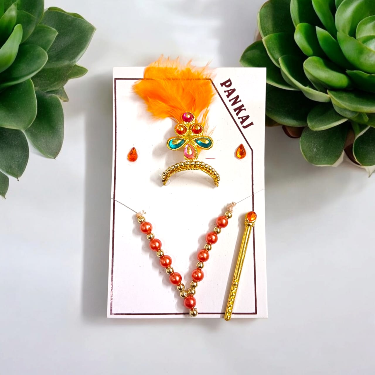 Laddu Gopal Shringaar Set with Mukut, Bangles, Mala, Earrings, Bansuri, Bindi in vibrant colors by Timeshopee