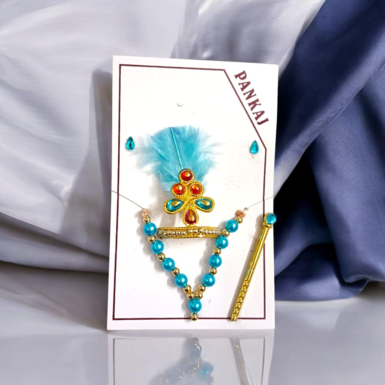 Laddu Gopal Shringaar Set with Mukut, Bangles, Mala, Earrings, Bansuri, Bindi in vibrant colors by Timeshopee