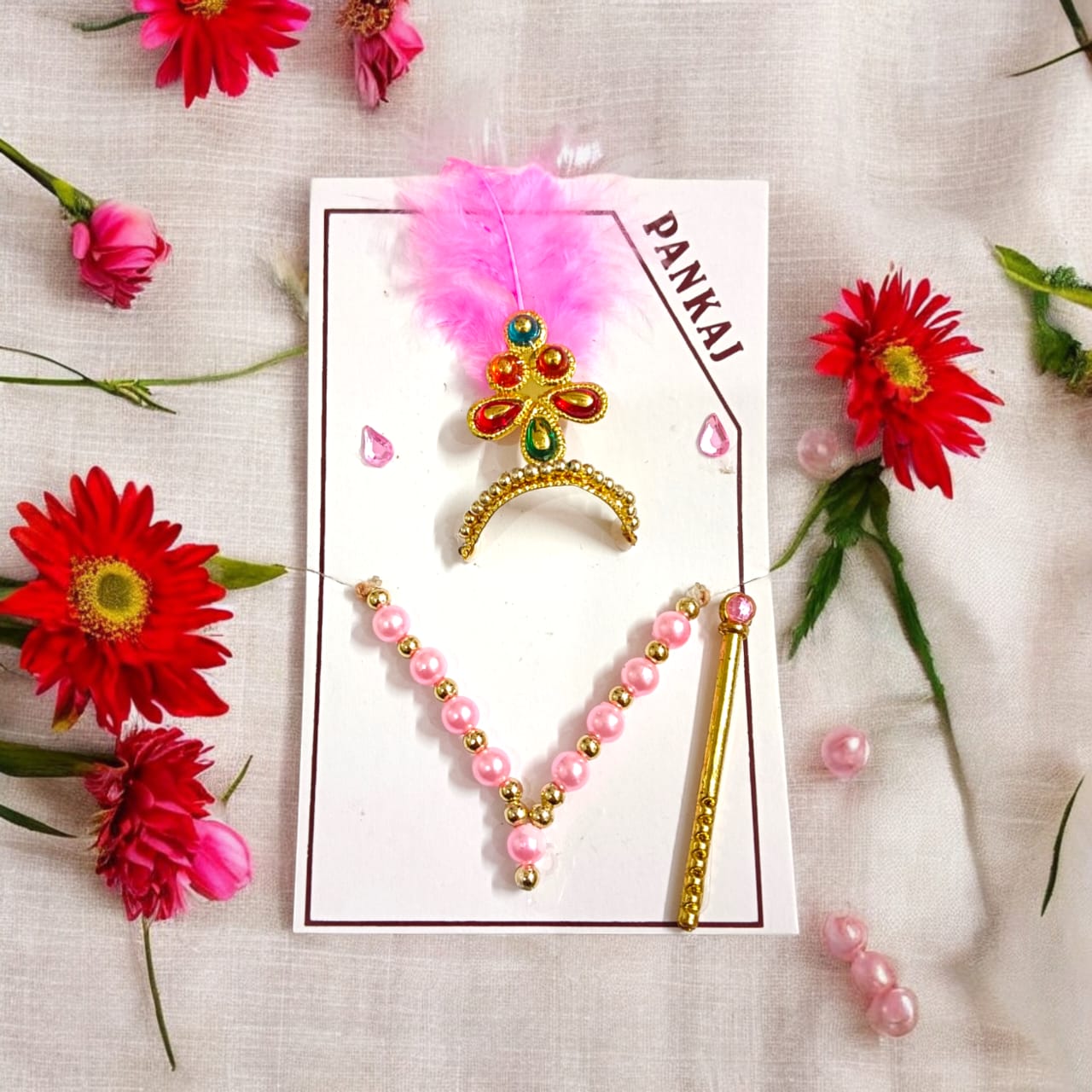 Laddu Gopal Shringaar Set with Mukut, Bangles, Mala, Earrings, Bansuri, Bindi in vibrant colors by Timeshopee