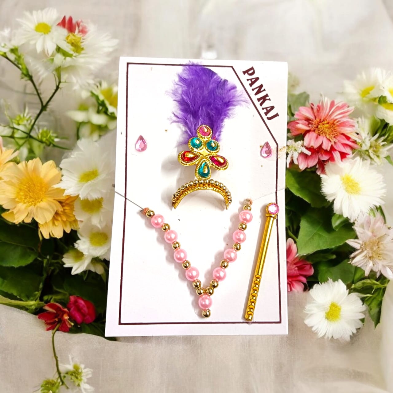 Laddu Gopal Shringaar Set with Mukut, Bangles, Mala, Earrings, Bansuri, Bindi in vibrant colors by Timeshopee