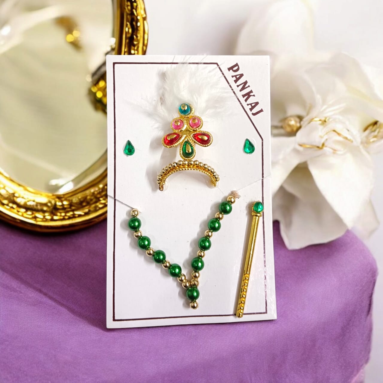 Laddu Gopal Shringaar Set with Mukut, Bangles, Mala, Earrings, Bansuri, Bindi in vibrant colors by Timeshopee