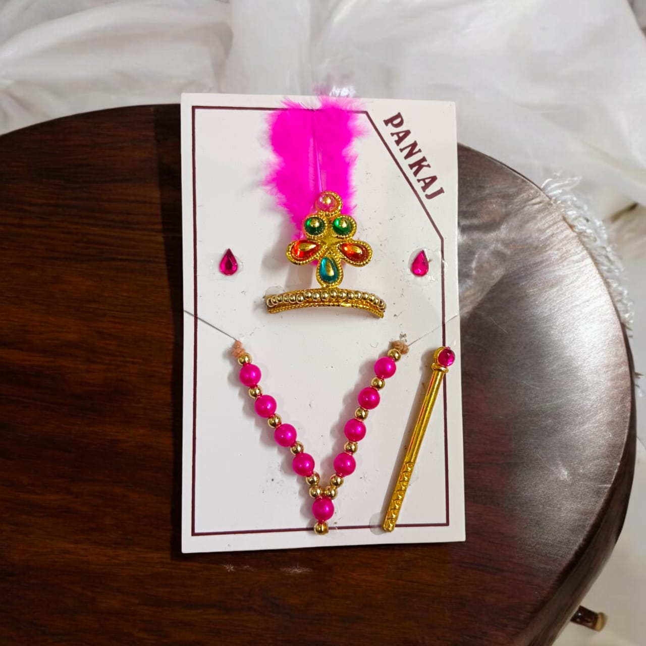 Laddu Gopal Shringaar Set with Mukut, Bangles, Mala, Earrings, Bansuri, Bindi in vibrant colors by Timeshopee