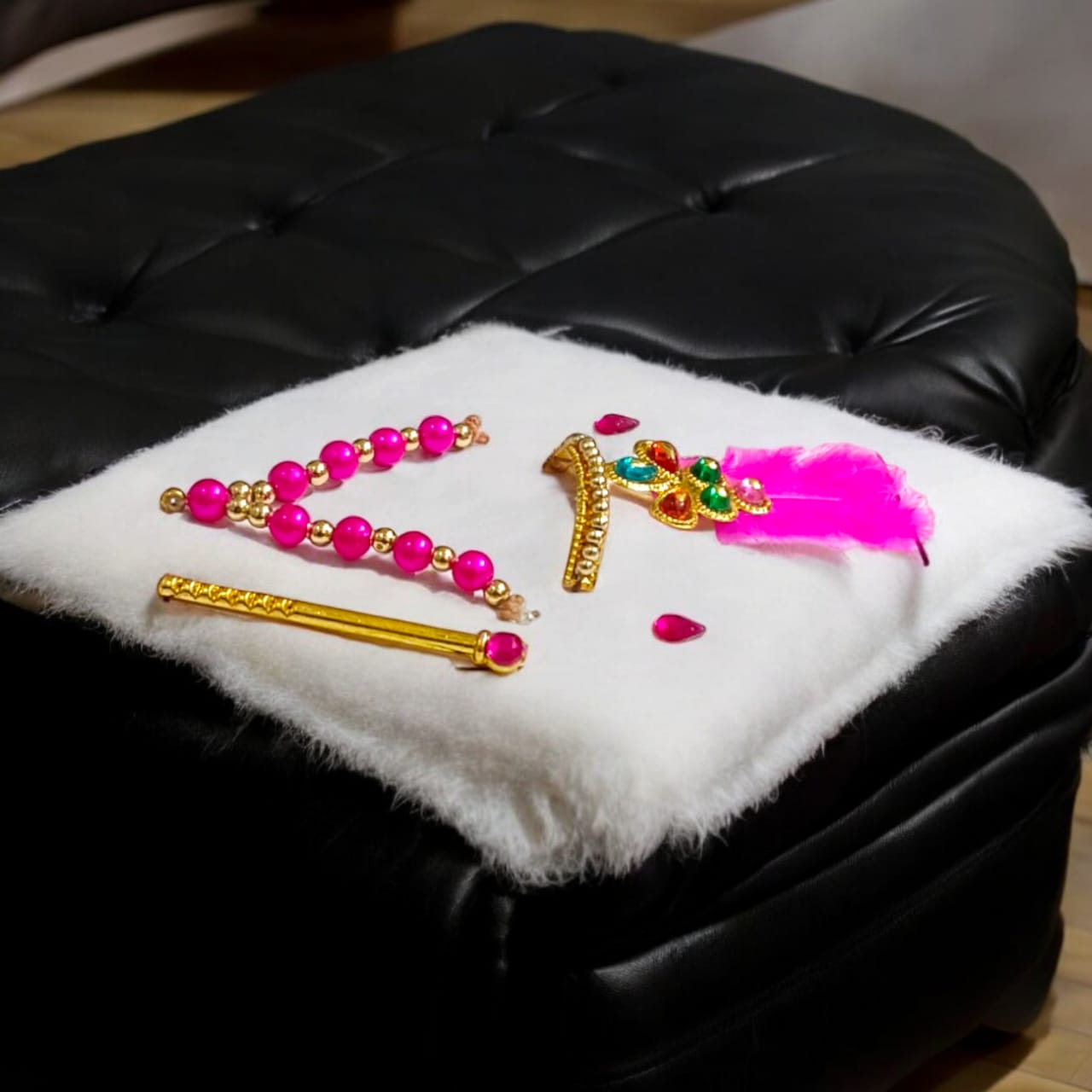 Laddu Gopal Shringaar Set with Mukut, Bangles, Mala, Earrings, Bansuri, Bindi in vibrant colors by Timeshopee