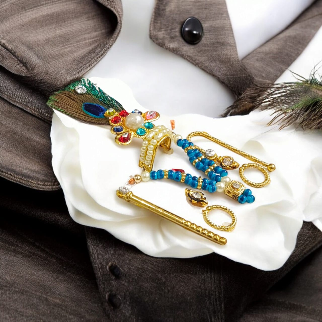 Laddu Gopal Shringaar Set with Mukut, Bangles, Mala, Earrings, Bansuri, and Bindi in Orange, Blue, and Red by Timeshopee