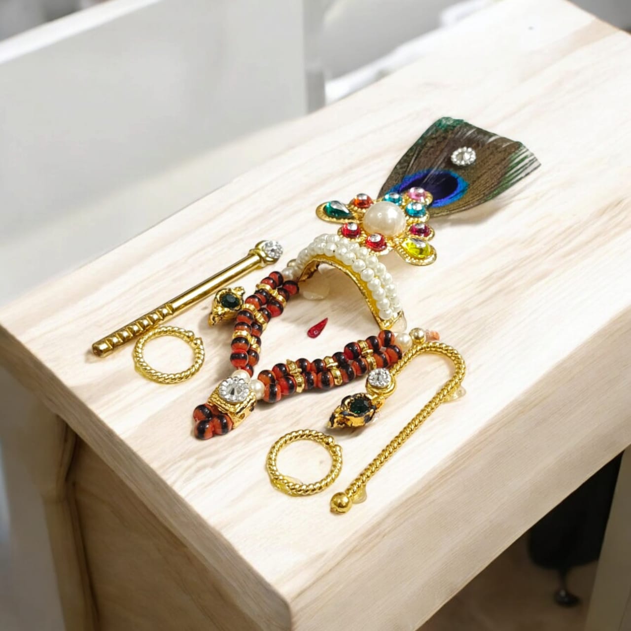 Laddu Gopal Shringaar Set with Mukut, Bangles, Mala, Earrings, Bansuri, and Bindi in Orange, Blue, and Red by Timeshopee