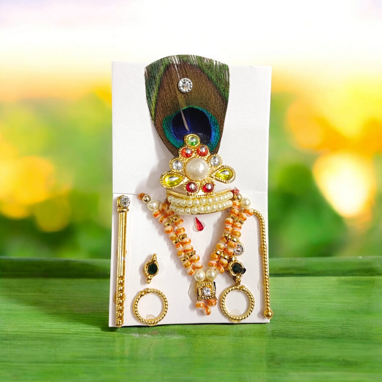 Laddu Gopal Shringaar Set with Mukut, Bangles, Mala, Earrings, Bansuri, and Bindi in Orange, Blue, and Red by Timeshopee