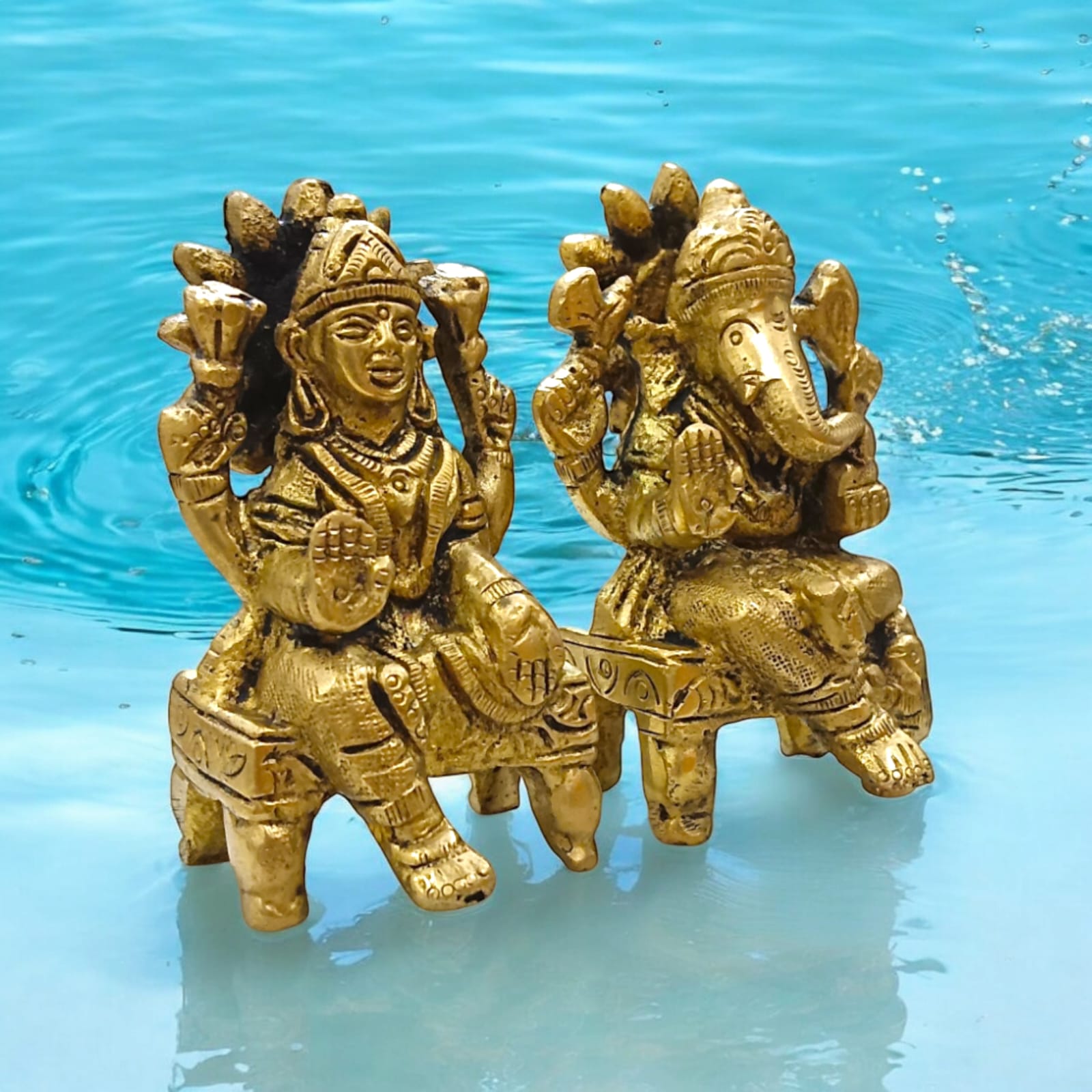 Lakshmi Ganesh Brass Murti - 8 cm x 10 cm, 450 gm, For Wealth and Prosperity
