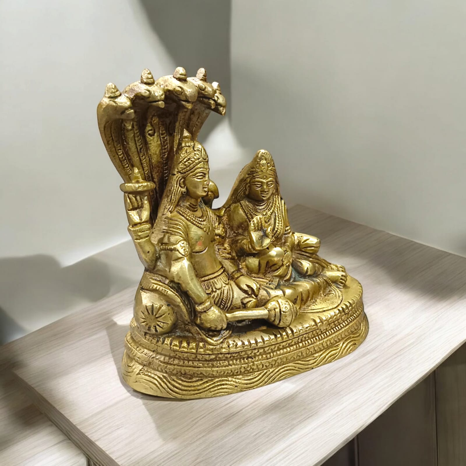 Lakshmi Narayan Brass Idol Resting on Shesha Naag - 6x6 Inches, 1570 gm Pure Brass Statue by Timeshopee