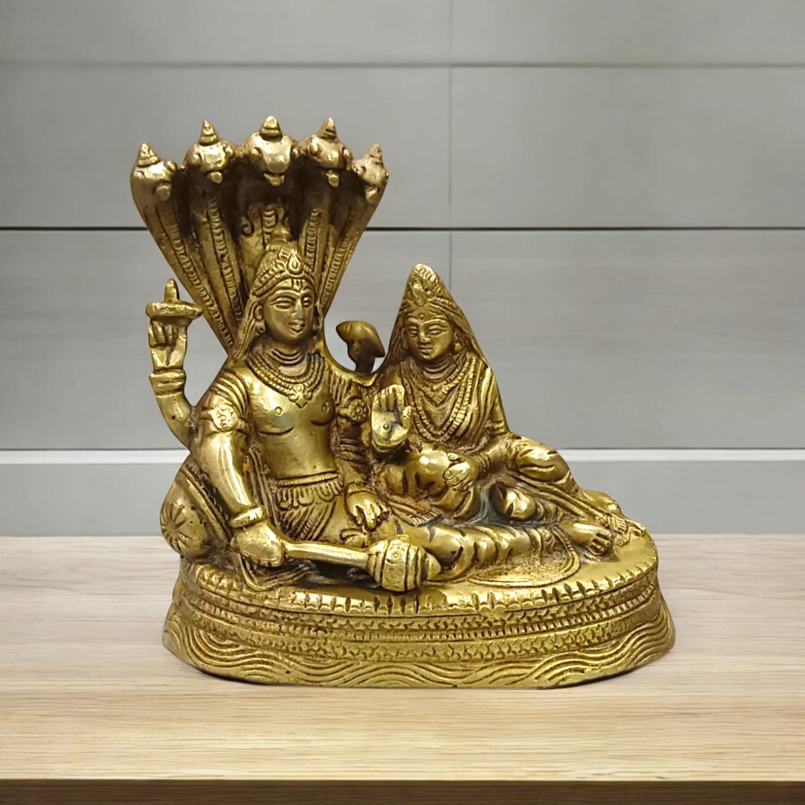 Lakshmi Narayan Brass Idol Resting on Shesha Naag - 6x6 Inches, 1570 gm Pure Brass Statue by Timeshopee