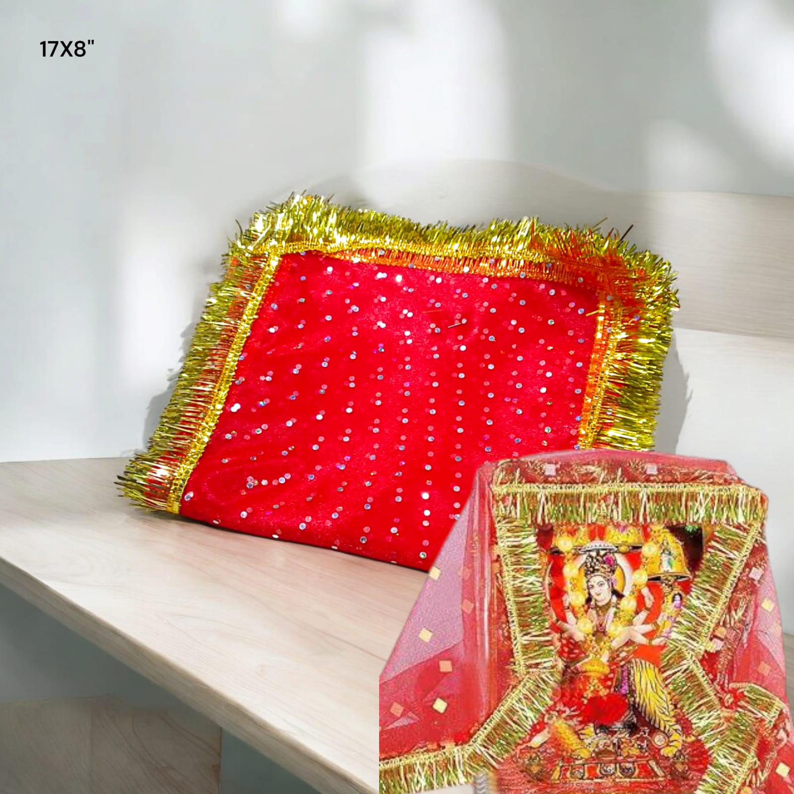 Lal Chunni Mata Rani Red Chuniri 17x8 inches with Golden Gotta Border | Timeshopee