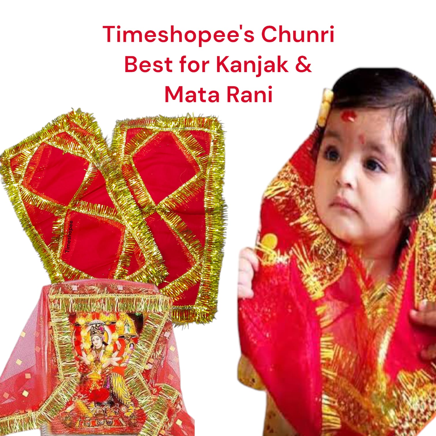 Lal Chunni Mata Rani Red Chuniri 17x8 inches with Golden Gotta Design | Timeshopee