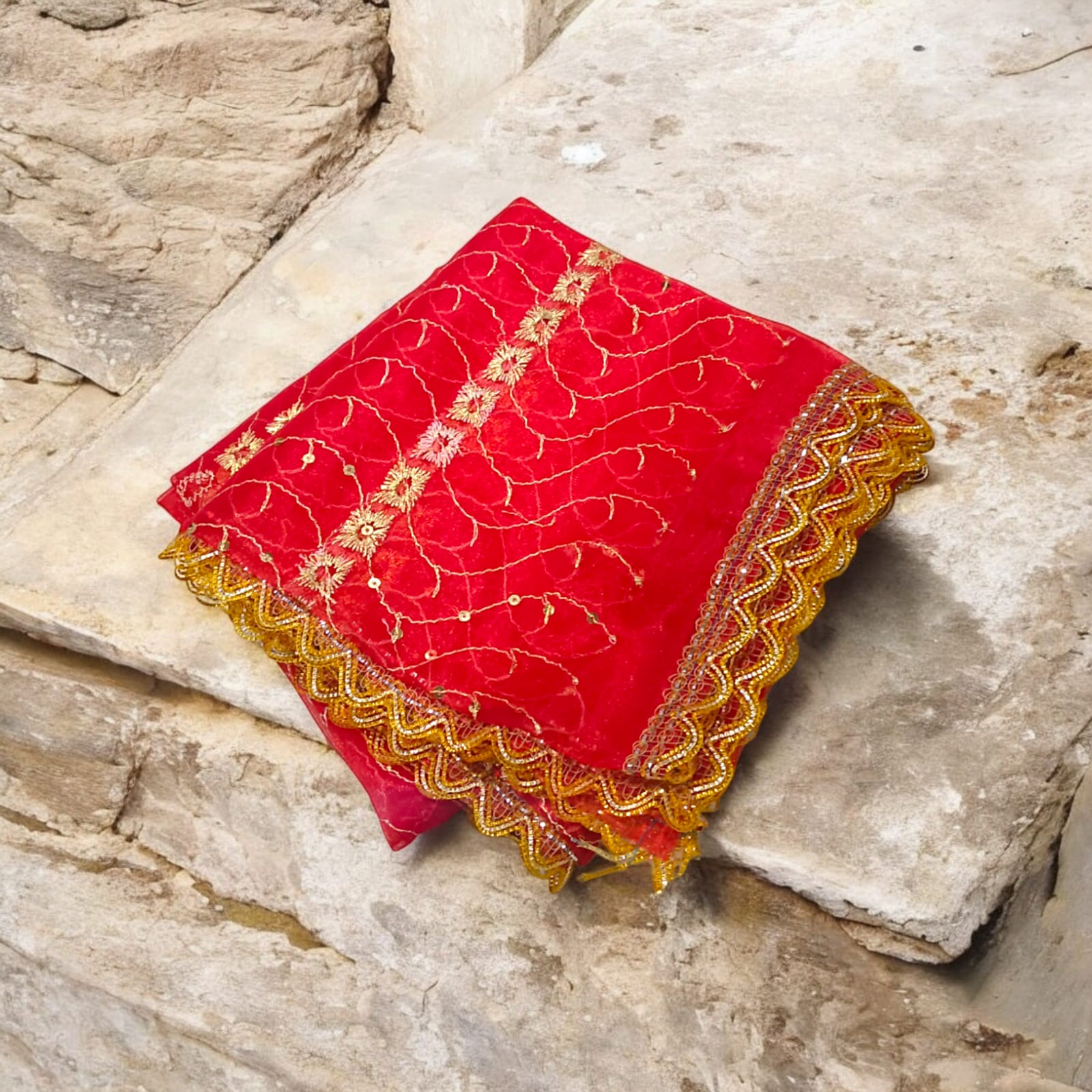 Lal Chunni Mata Rani Red Chuniri 2 Meter with Golden Elegant Design | Timeshopee