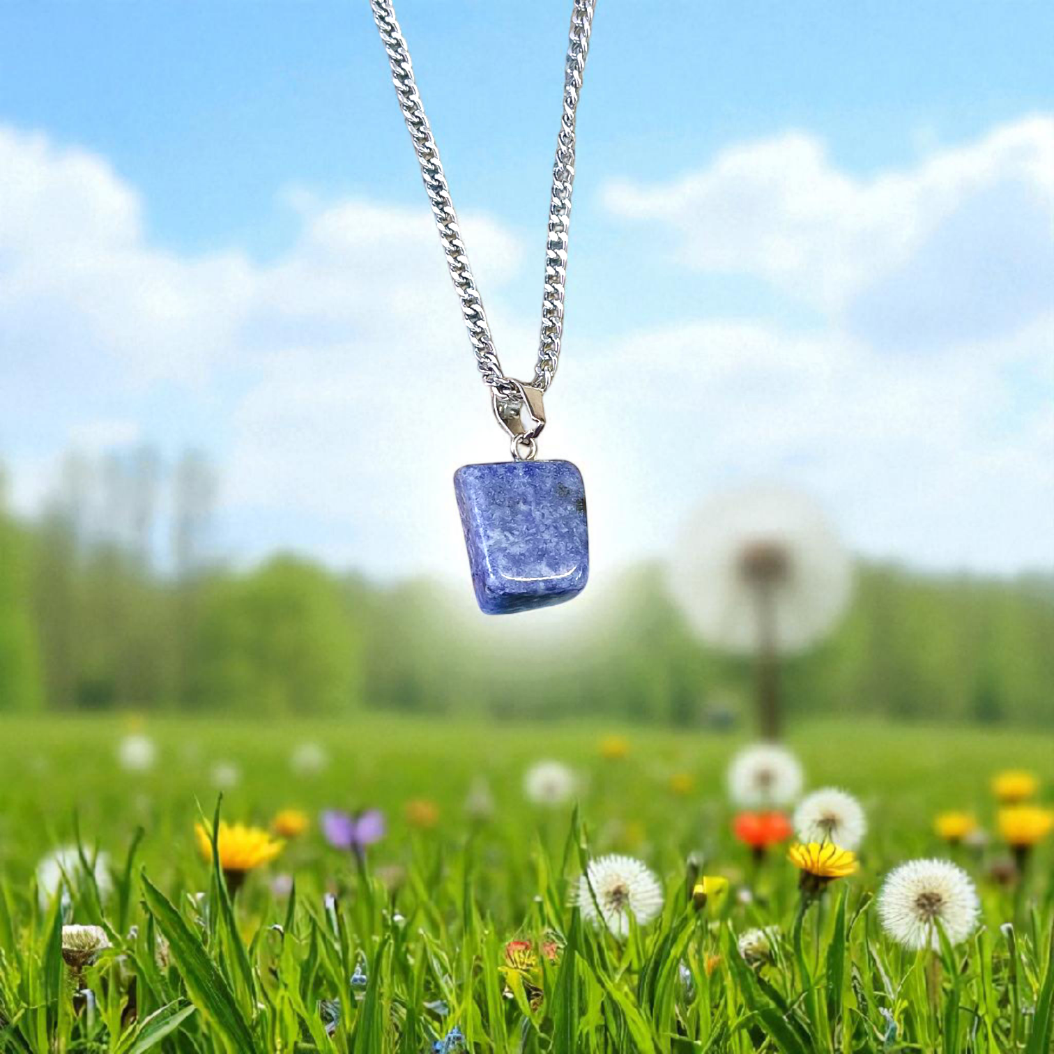 Lapis Lazuli Pendant with White Metal Chain | Lab Certified | Timeshopee