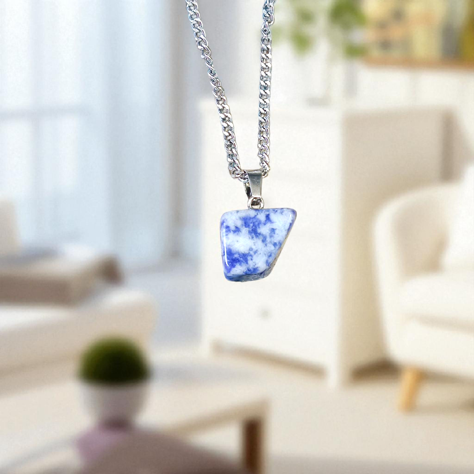 Lapis Lazuli Pendant with White Metal Chain | Lab Certified | Timeshopee