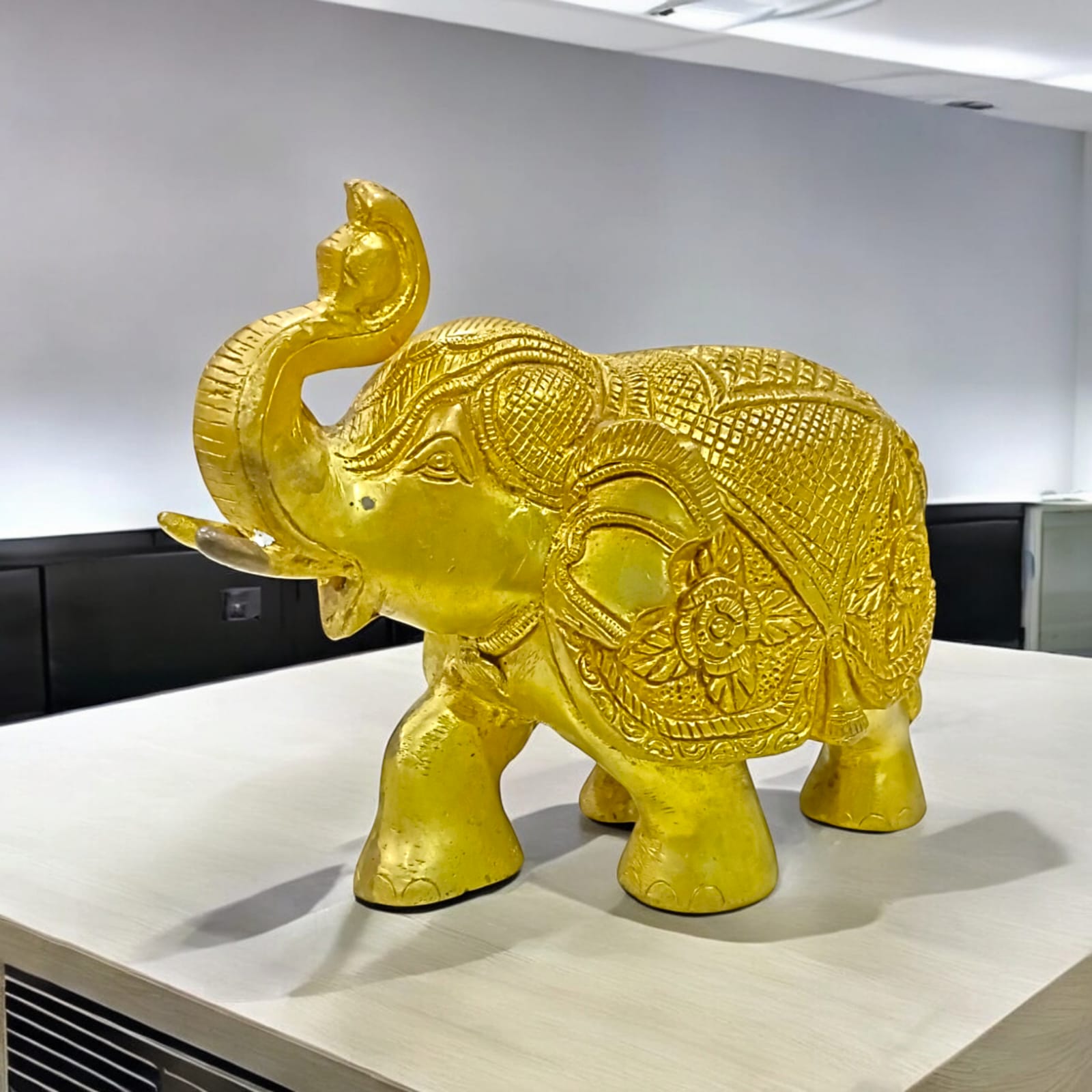 Large Brass Elephant Statue for Office Table, detailed and elegant, available at Timeshopee.