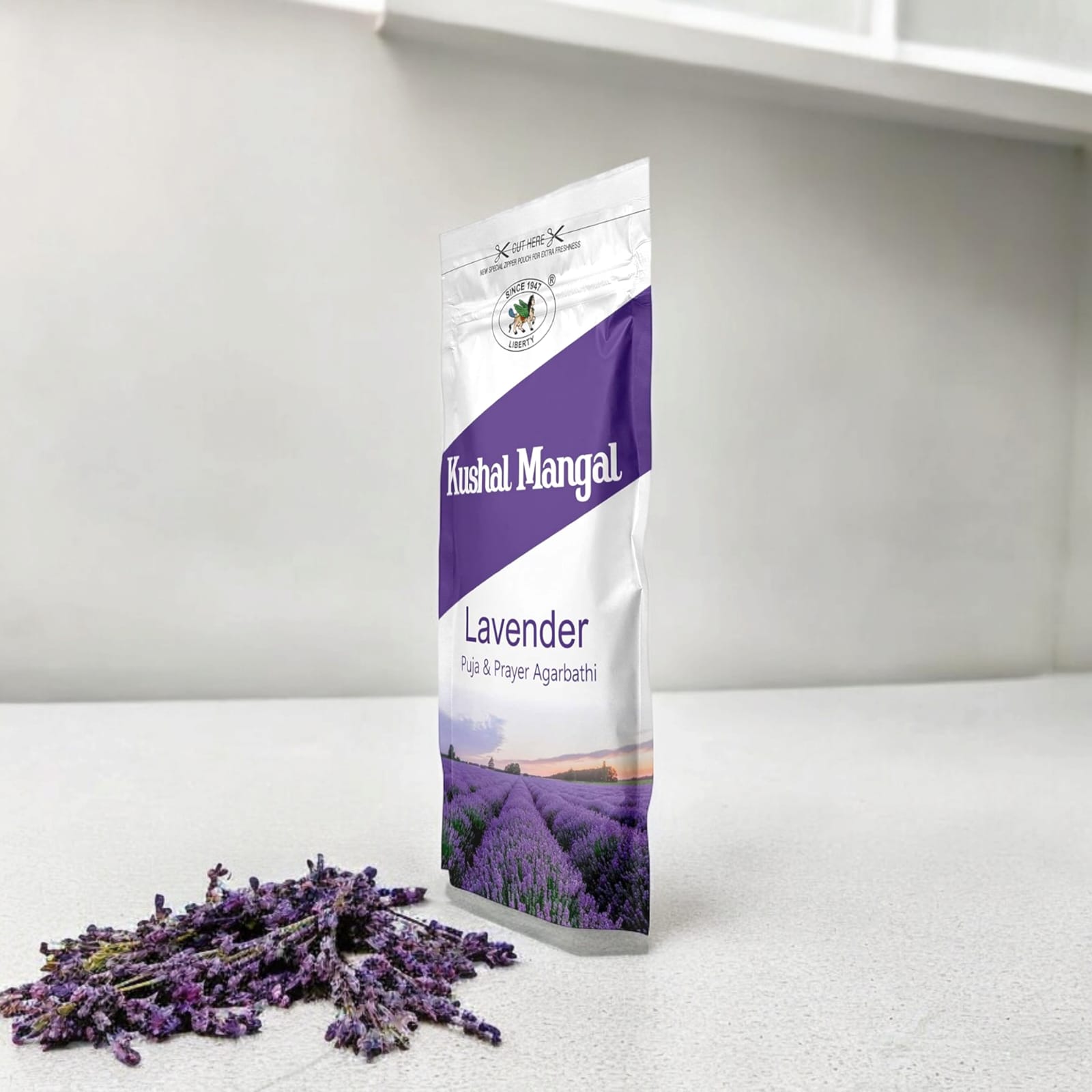 Lavender Incense Sticks by Kushal Mangal, 9 inches long, with a 30-40 minute burning time, in a zipper pouch from Timeshopee.