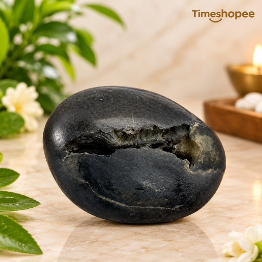 Laxmi Narayan Shaligram from Timeshopee, lab-certified by PRGL, sacred stone symbolizing Goddess Lakshmi and Lord Narayan, for worship and meditation.