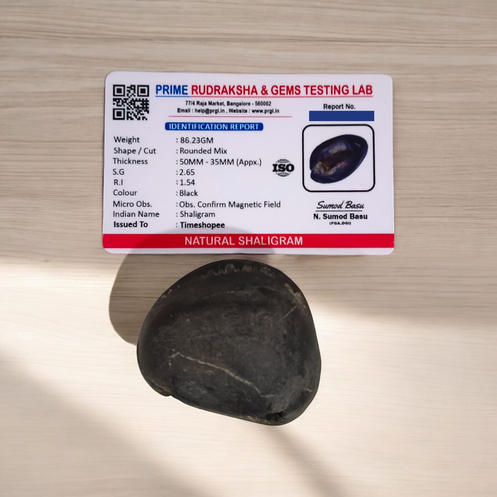 Laxmi Narayan Shaligram from Timeshopee, lab-certified by PRGL, sacred stone symbolizing Goddess Lakshmi and Lord Narayan, for worship and meditation.