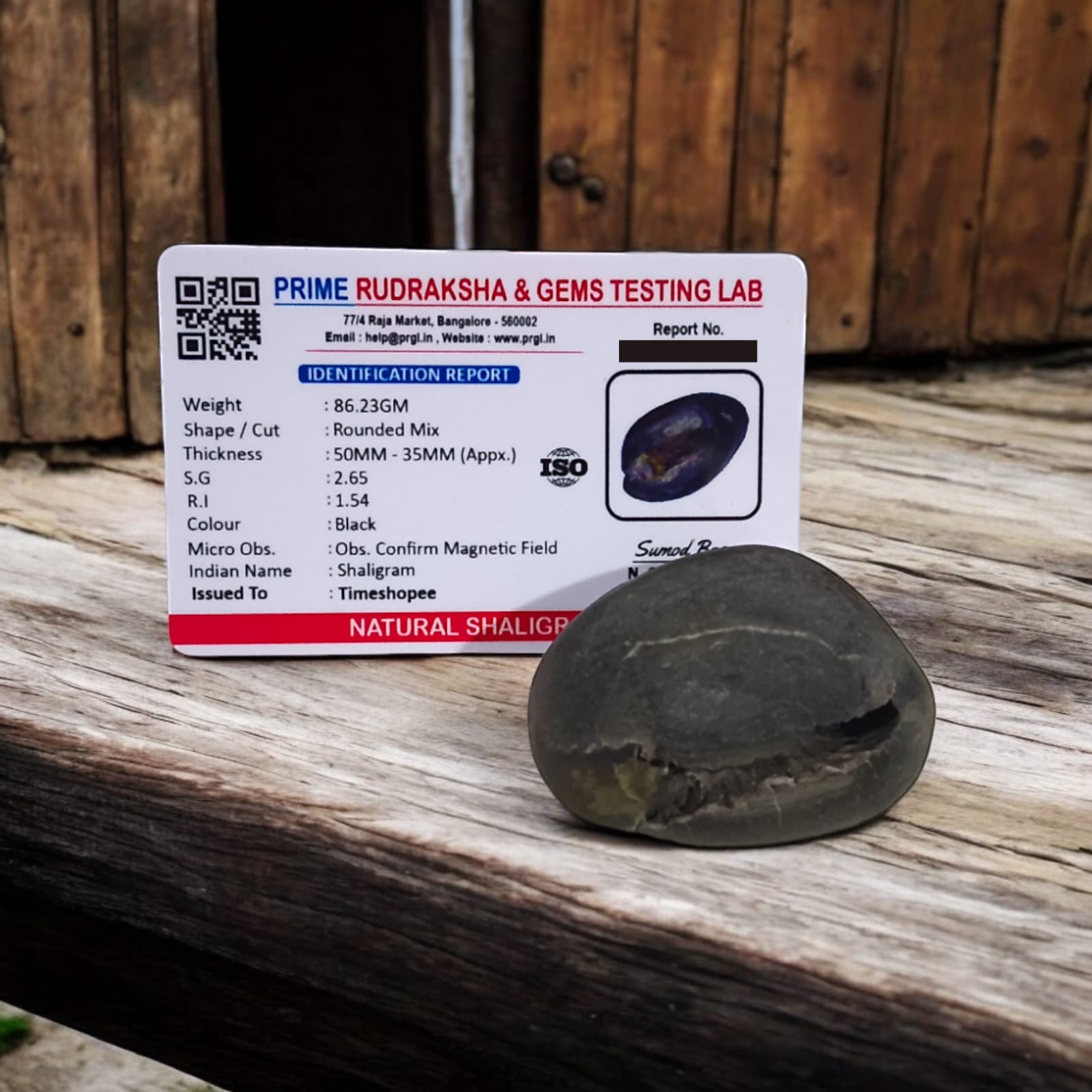 Laxmi Narayan Shaligram from Timeshopee, lab-certified by PRGL, sacred stone symbolizing Goddess Lakshmi and Lord Narayan, for worship and meditation.