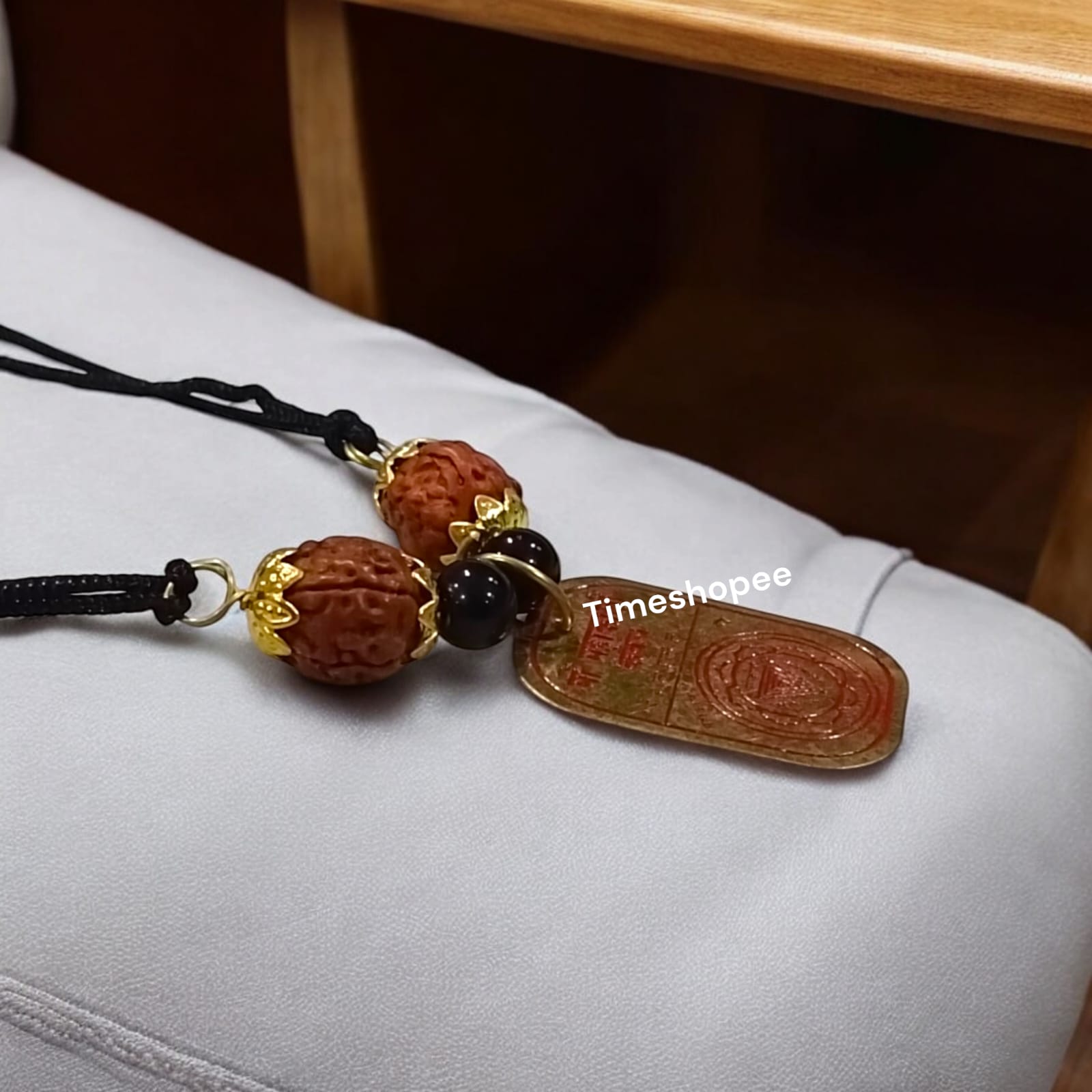 Maa Kali Yantra Locket with 5 Mukhi Rudraksha and Black Agate beads, designed for protection from evil, by Timeshopee