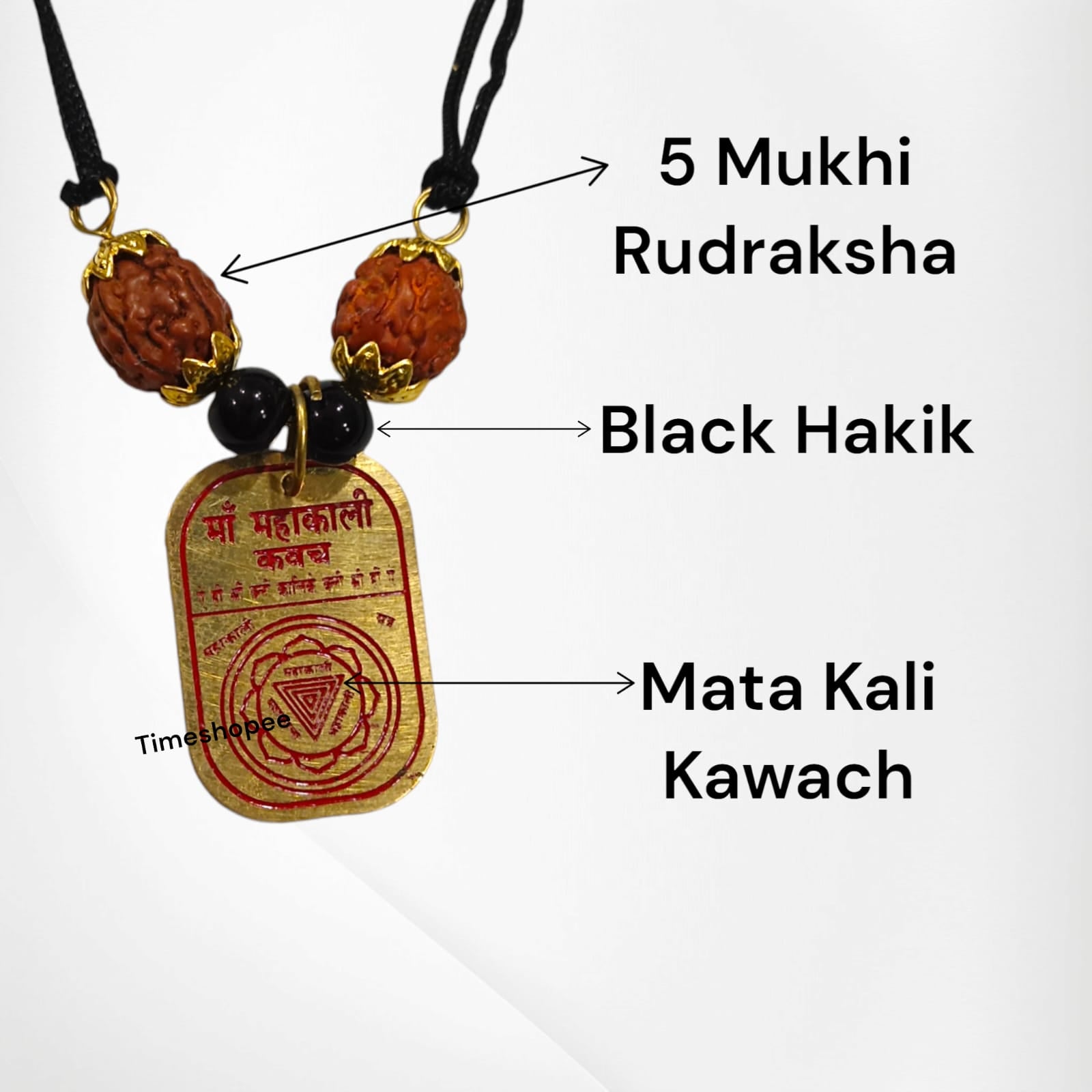 Maa Kali Yantra Locket with 5 Mukhi Rudraksha and Black Agate beads, designed for protection from evil, by Timeshopee