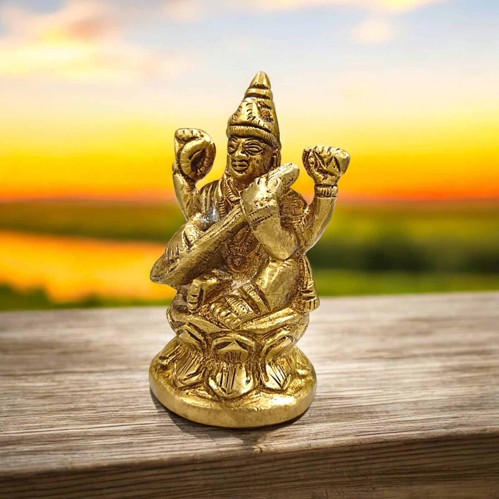 Maa Saraswati Idol in Brass, Goddess Saraswati, 8 cm length, 5 cm width, 270 grams, intricate design.