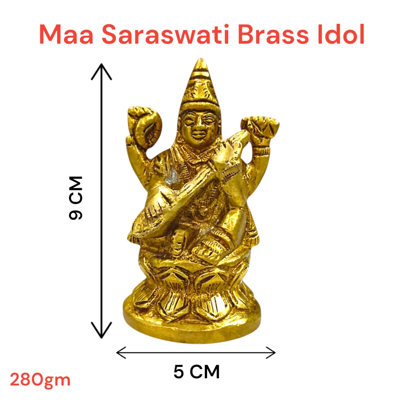 Maa Saraswati Idol in Brass, Goddess Saraswati, 8 cm length, 5 cm width, 270 grams, intricate design.