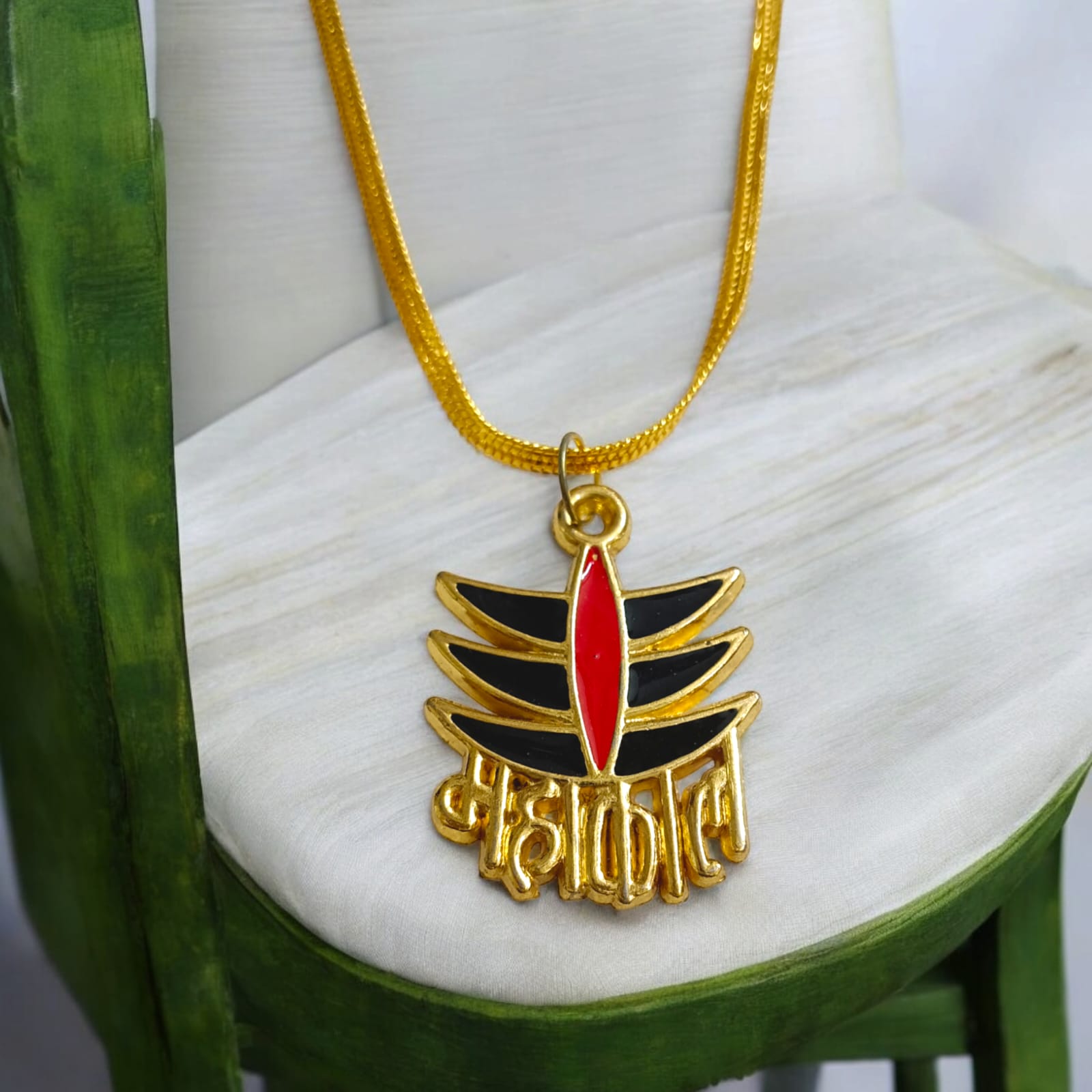 Mahakaal locket with Tripund symbol and golden chain, available at Timeshopee.