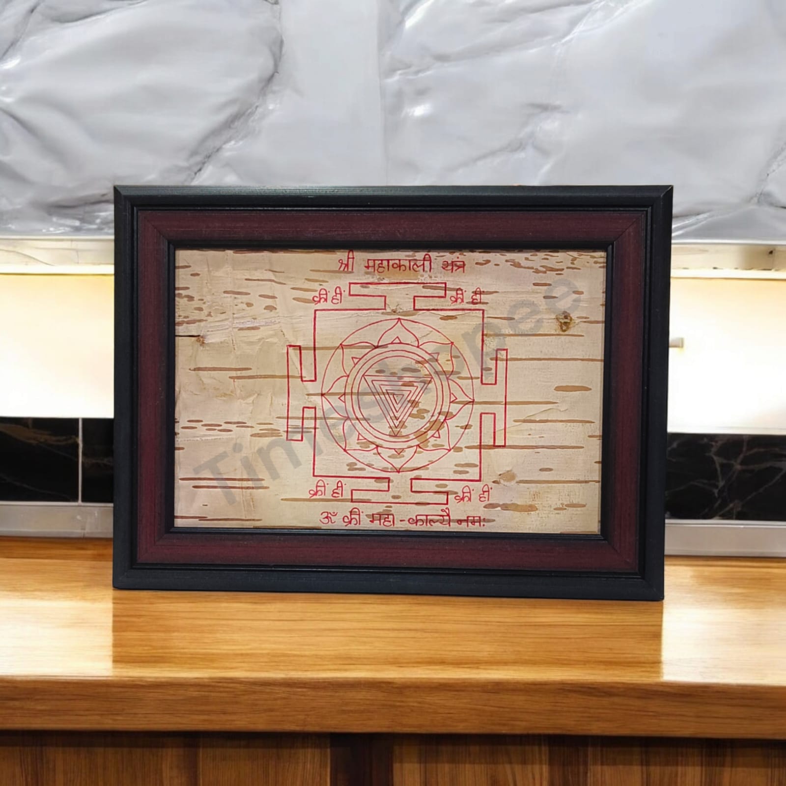 Mahakali Yantra on Bhojpatra with Wooden Frame by Timeshopee