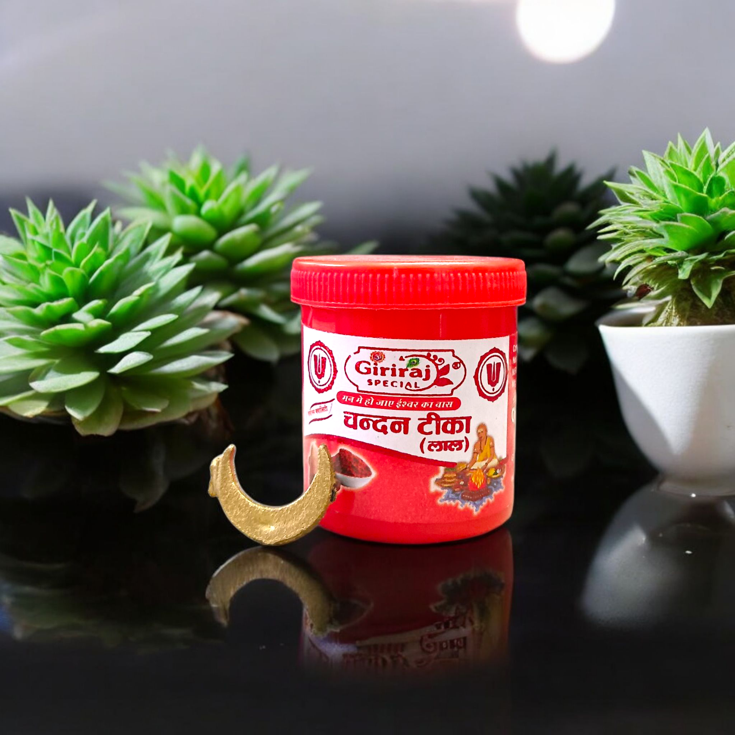 Moon-shaped Chand Tilak stamp tool used for Hindu rituals and daily prayers