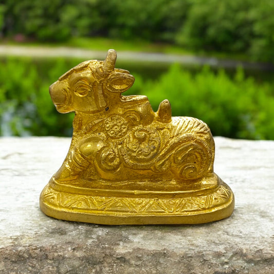 Nandi in Brass for Shiv Ji Pooja, 6.5 cm length, 8 cm width, 333 gm weight, ideal for worship and home decor.
