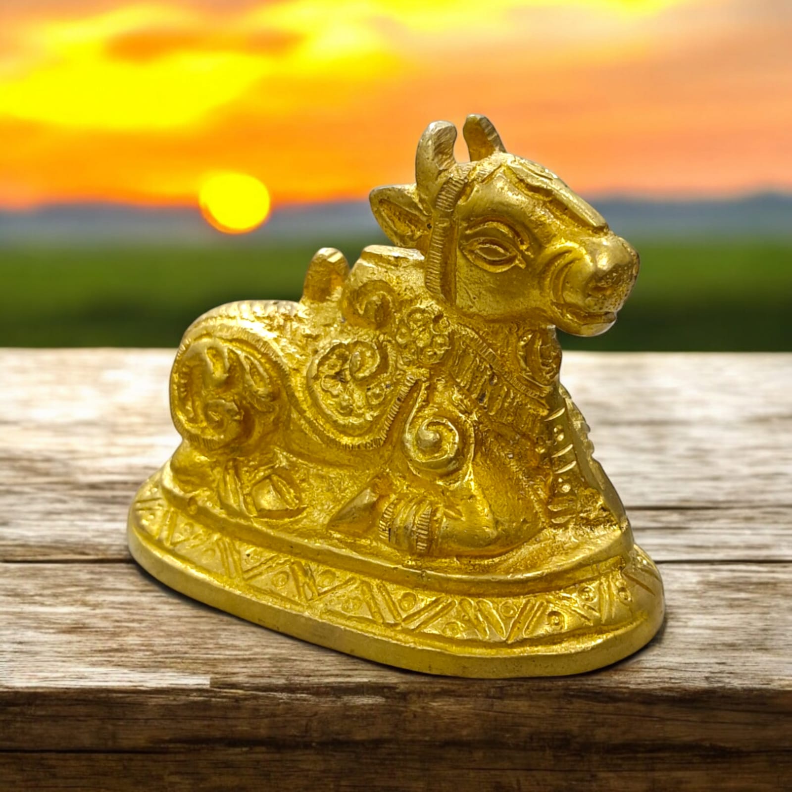 Nandi in Brass for Shiv Ji Pooja, 6.5 cm length, 8 cm width, 333 gm weight, ideal for worship and home decor.