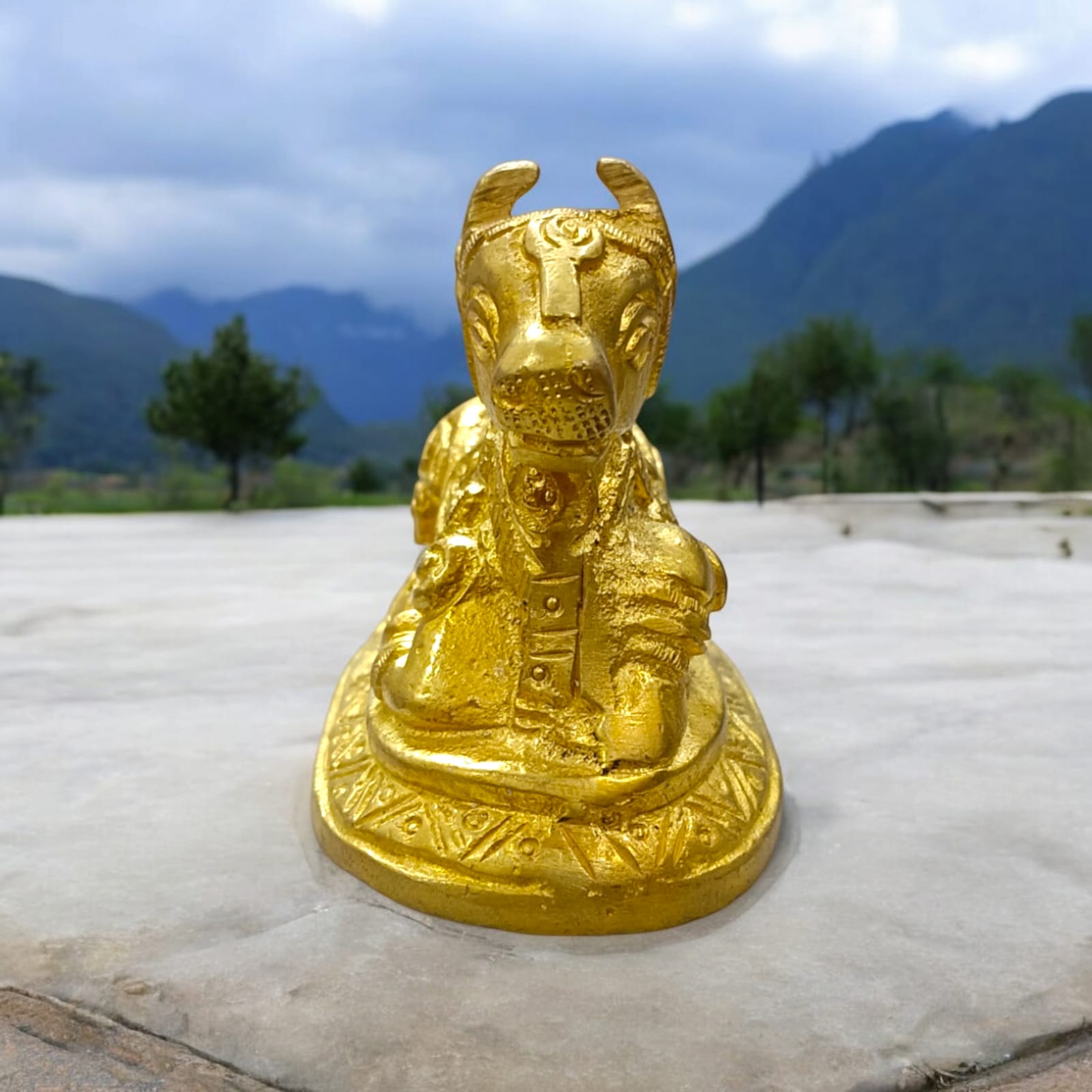 Nandi in Brass for Shiv Ji Pooja, 6.5 cm length, 8 cm width, 333 gm weight, ideal for worship and home decor.