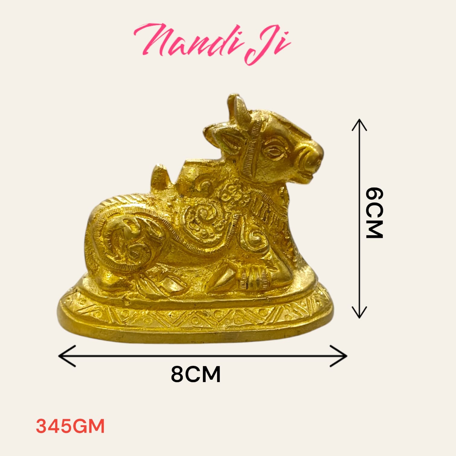 Nandi in Brass for Shiv Ji Pooja, 6.5 cm length, 8 cm width, 333 gm weight, ideal for worship and home decor.