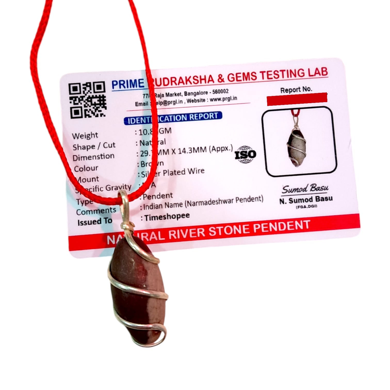 Narmadeshwar Shivling Pendant with red knotted thread, lab certified, made from Narmada river stone.