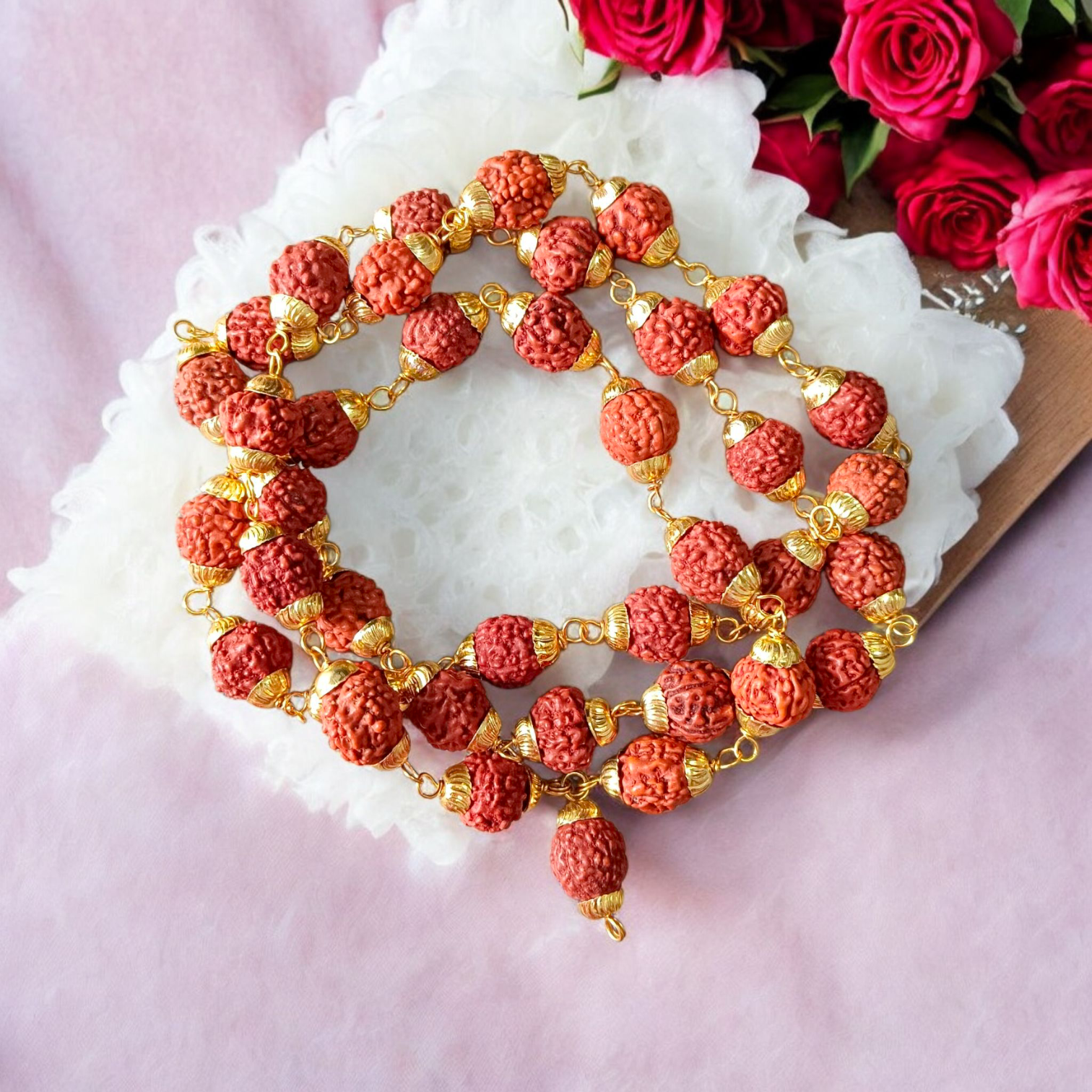 Natural 5 Face Rudraksha Mala with Golden Caps – 37+1 Beads, 9mm Size, Lab Certified for Meditation, Prayer, and Daily Wear