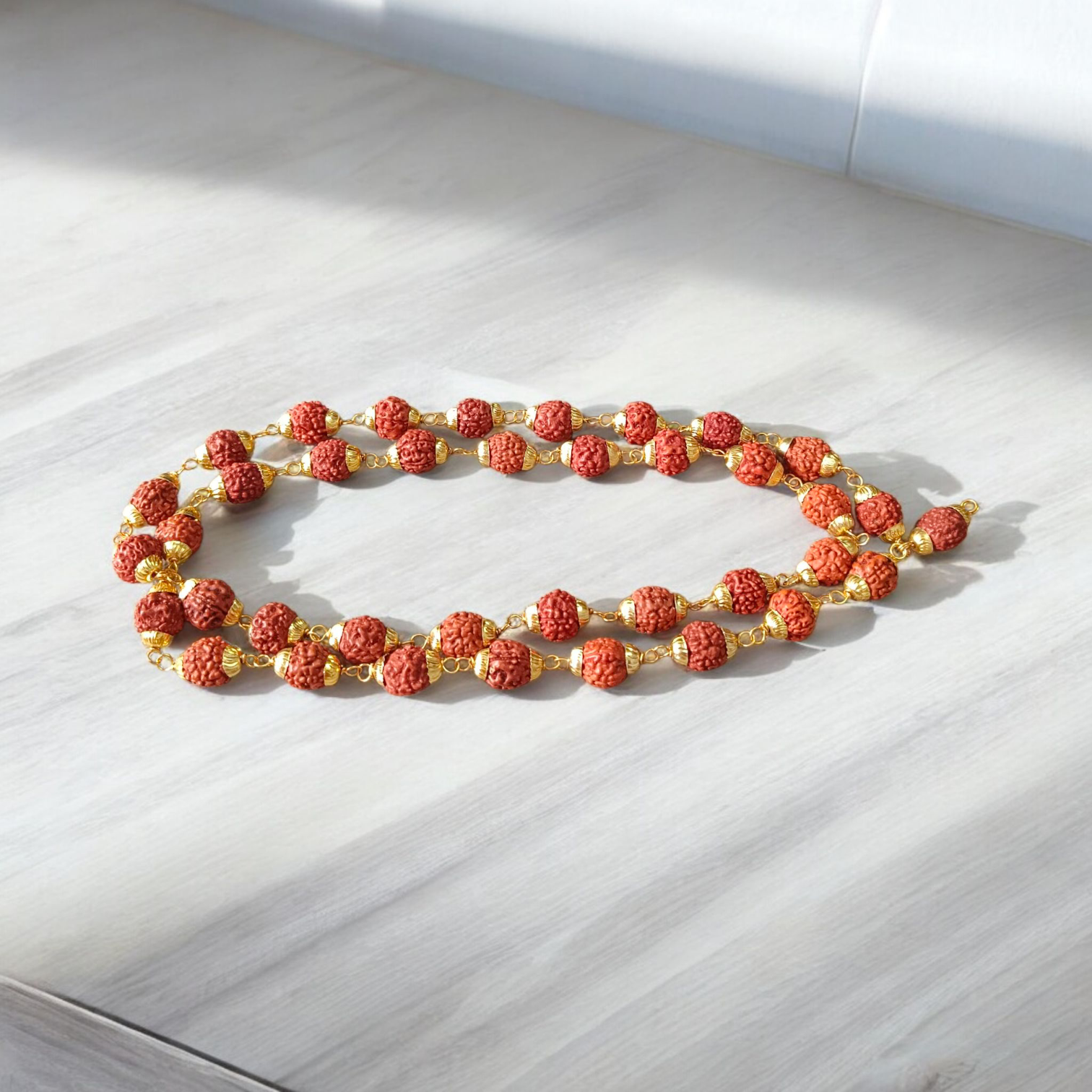 Natural 5 Face Rudraksha Mala with Golden Caps – 37+1 Beads, 9mm Size, Lab Certified for Meditation, Prayer, and Daily Wear