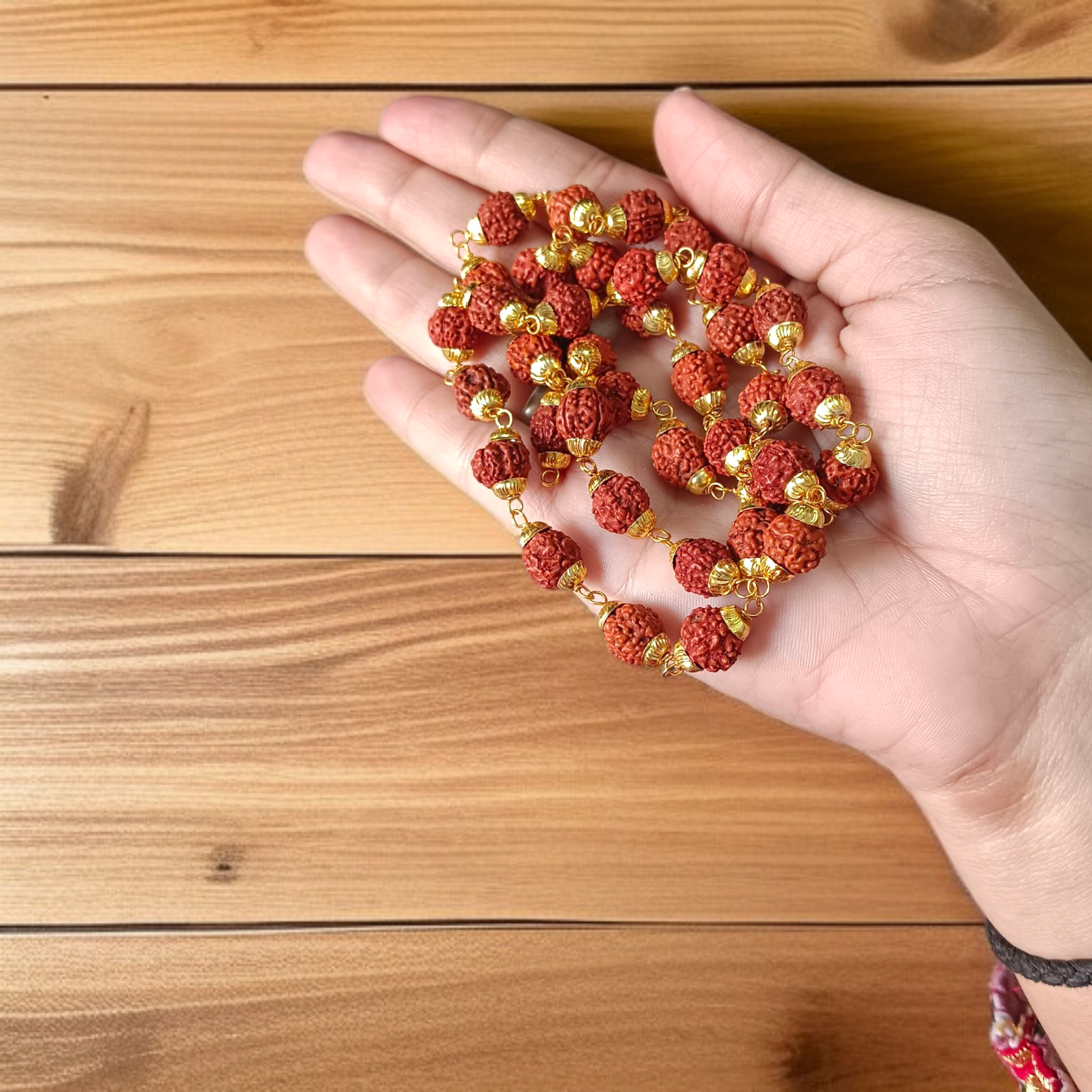 Natural 5 Face Rudraksha Mala with Golden Caps – 37+1 Beads, 9mm Size, Lab Certified for Meditation, Prayer, and Daily Wear