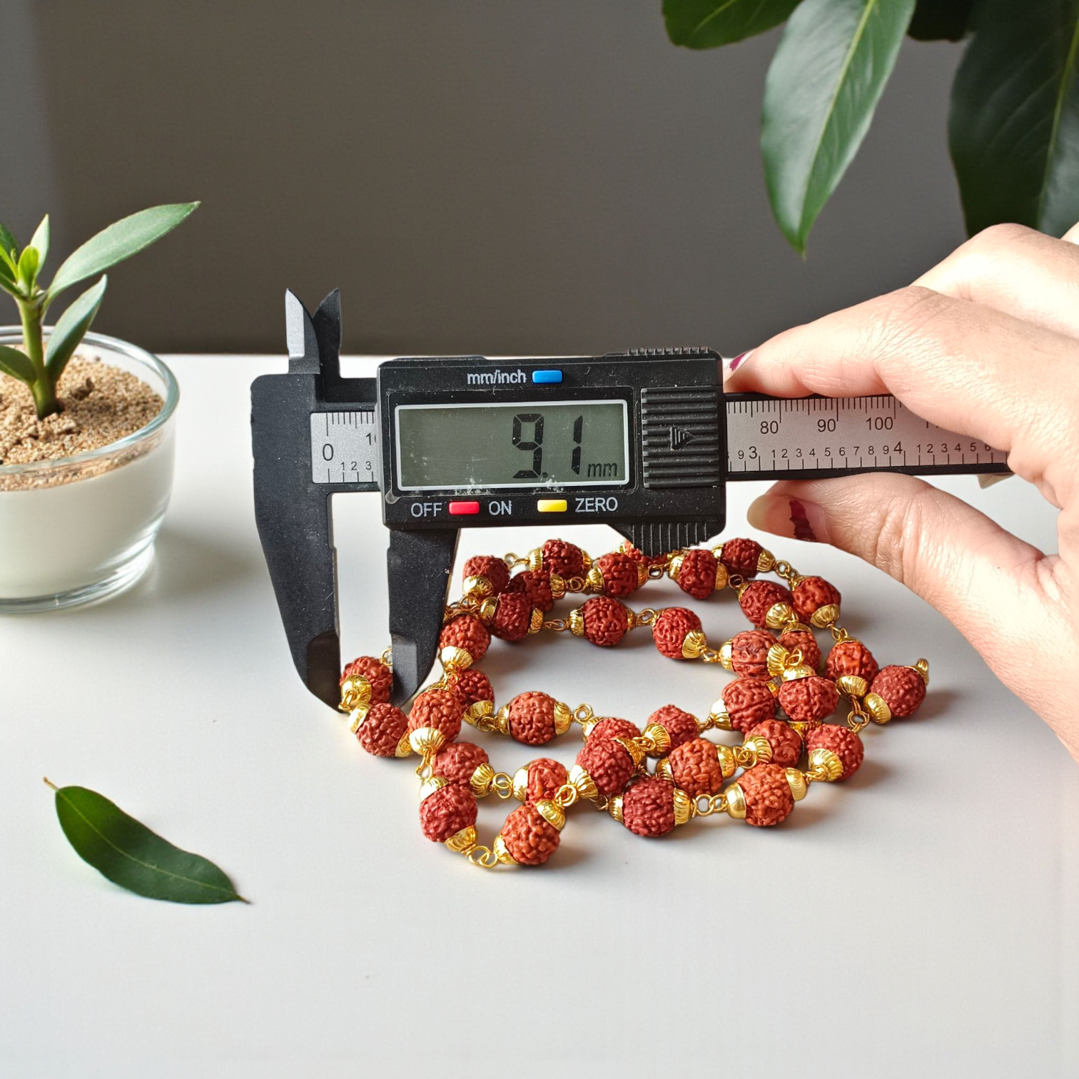 Natural 5 Face Rudraksha Mala with Golden Caps – 37+1 Beads, 9mm Size, Lab Certified for Meditation, Prayer, and Daily Wear