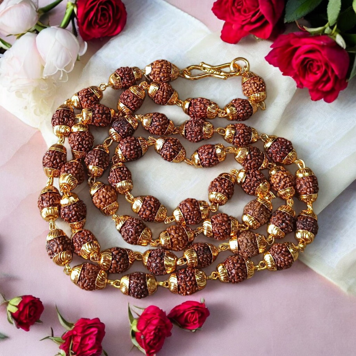 Natural 5 Face Rudraksha Mala with Golden Caps – 50 Beads, 6mm Size, Lab Certified with 1-Year Plating Guarantee for Meditation, Japa, and Daily Wear