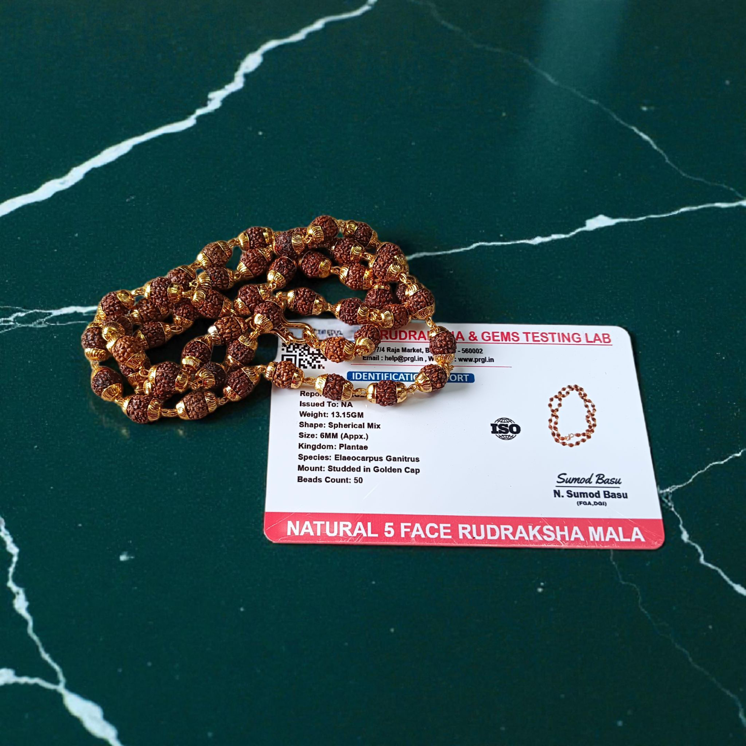 Natural 5 Face Rudraksha Mala with Golden Caps – 50 Beads, 6mm Size, Lab Certified with 1-Year Plating Guarantee for Meditation, Japa, and Daily Wear