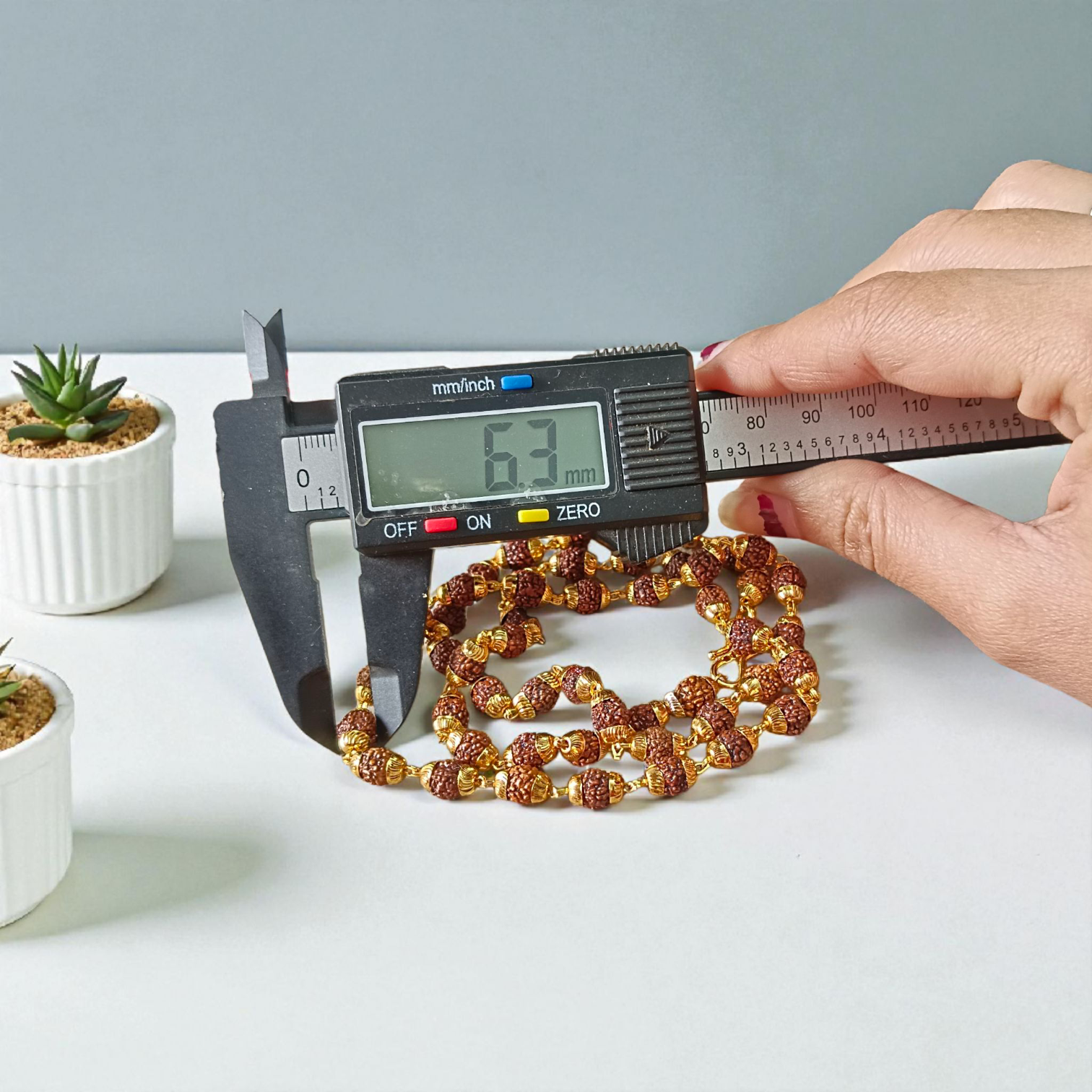 Natural 5 Face Rudraksha Mala with Golden Caps – 50 Beads, 6mm Size, Lab Certified with 1-Year Plating Guarantee for Meditation, Japa, and Daily Wear