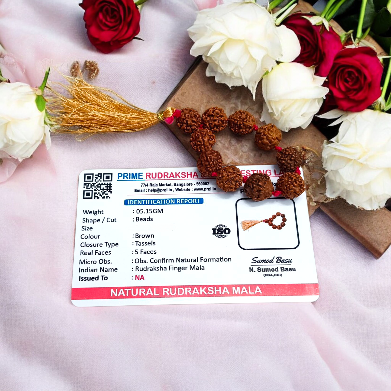 Natural 5 Mukhi Rudraksha Finger Mala with 9+1 round brown beads (8mm), used for meditation, chanting, and healing practices