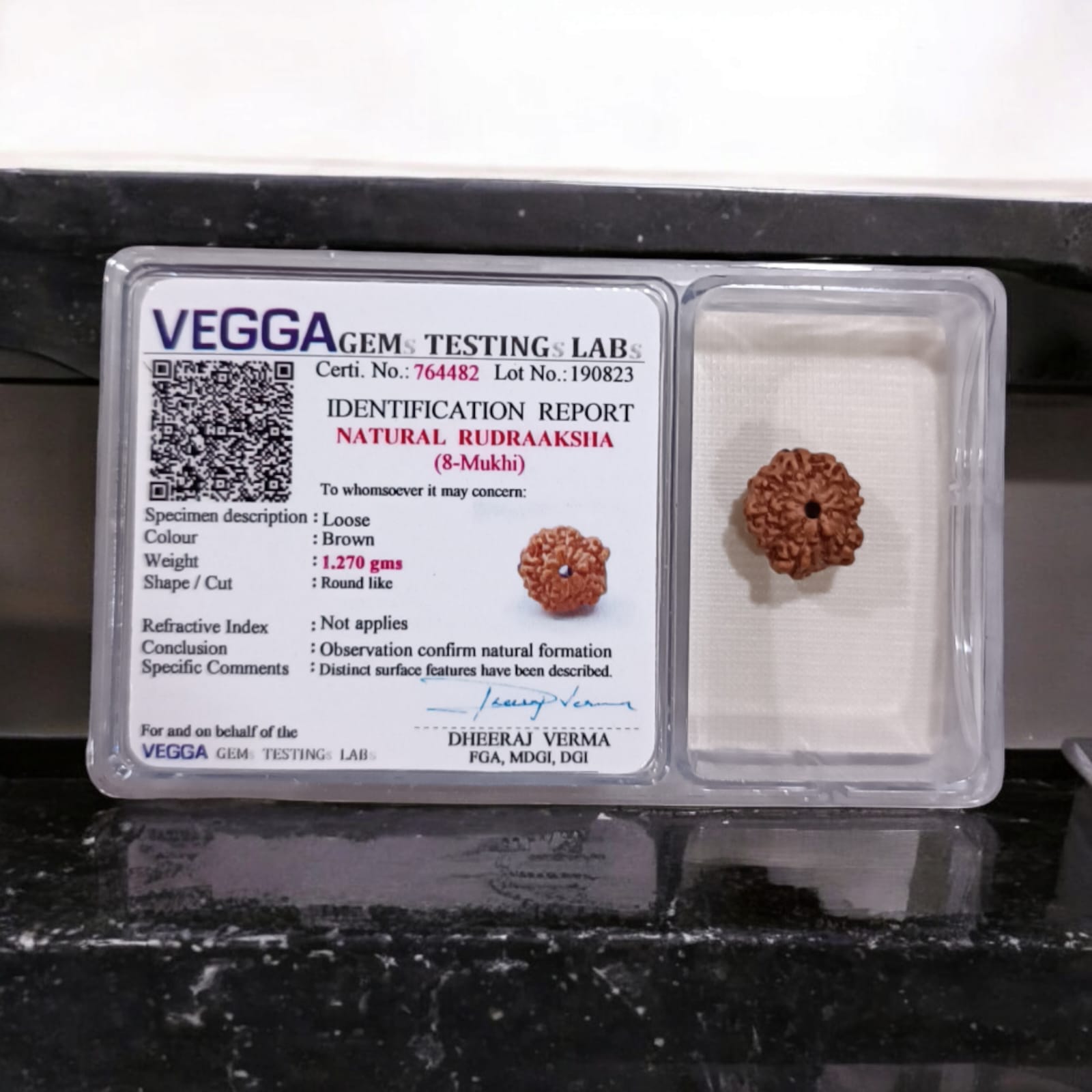 Natural 8 Mukhi Rudraksha Locket with silver capping displayed with certification from Timeshopee