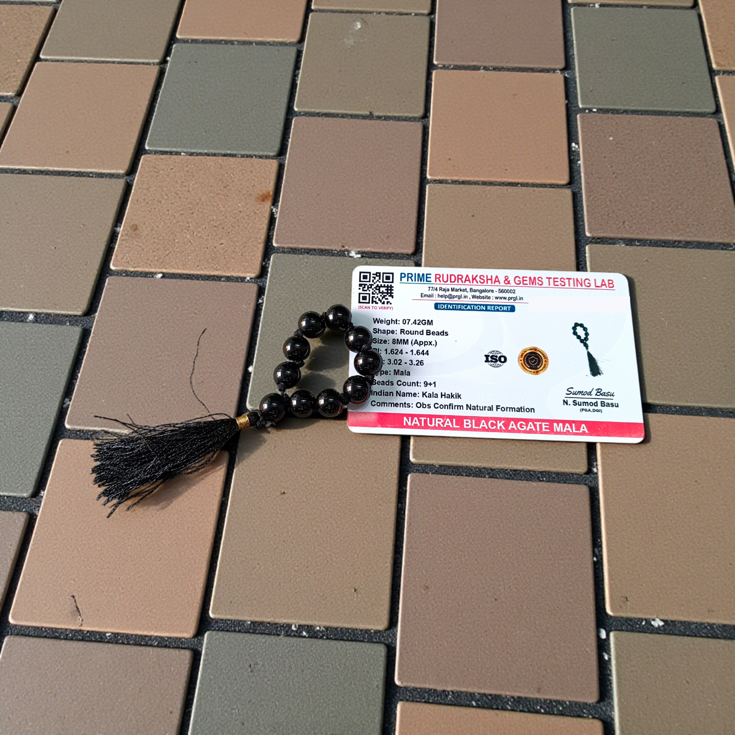 Natural Black Agate Finger Mala 9+1 beads, Kaka Hakik 8mm lab-certified mala for meditation and mantra chanting