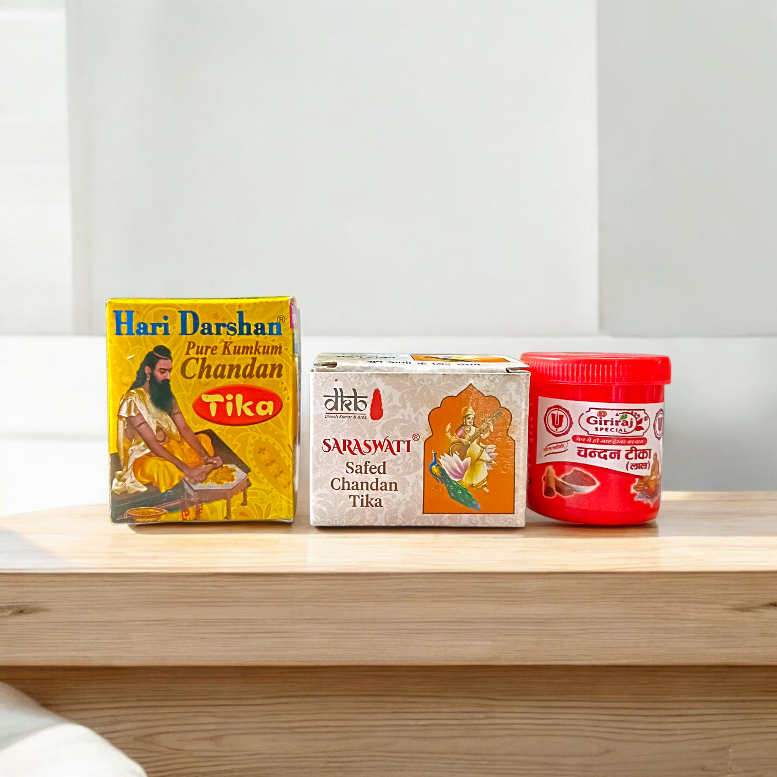 Natural Chandan Tilak Paste in white, yellow, and red variants, ideal for daily puja, meditation, and forehead application in Hindu rituals