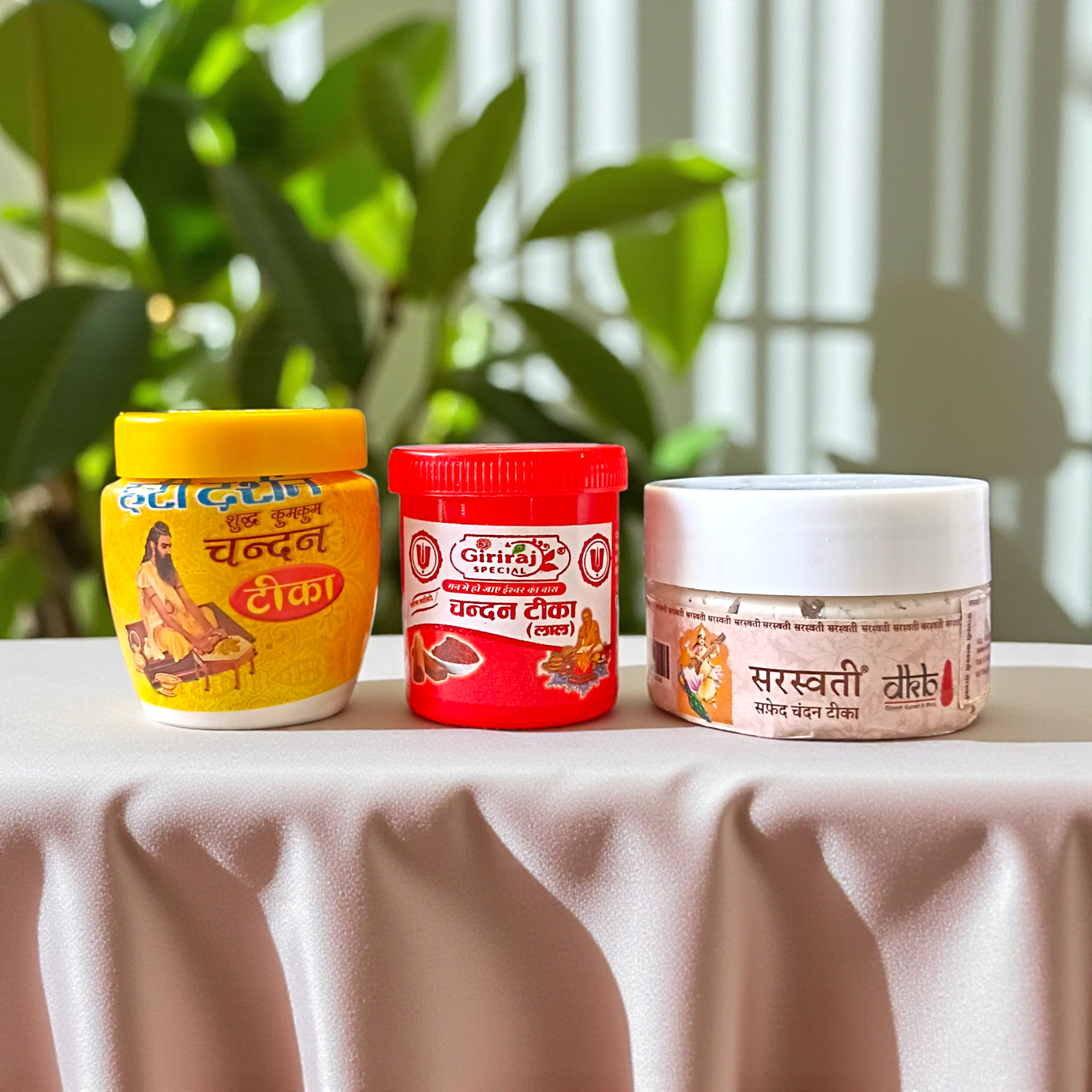 Natural Chandan Tilak Paste in white, yellow, and red variants, ideal for daily puja, meditation, and forehead application in Hindu rituals