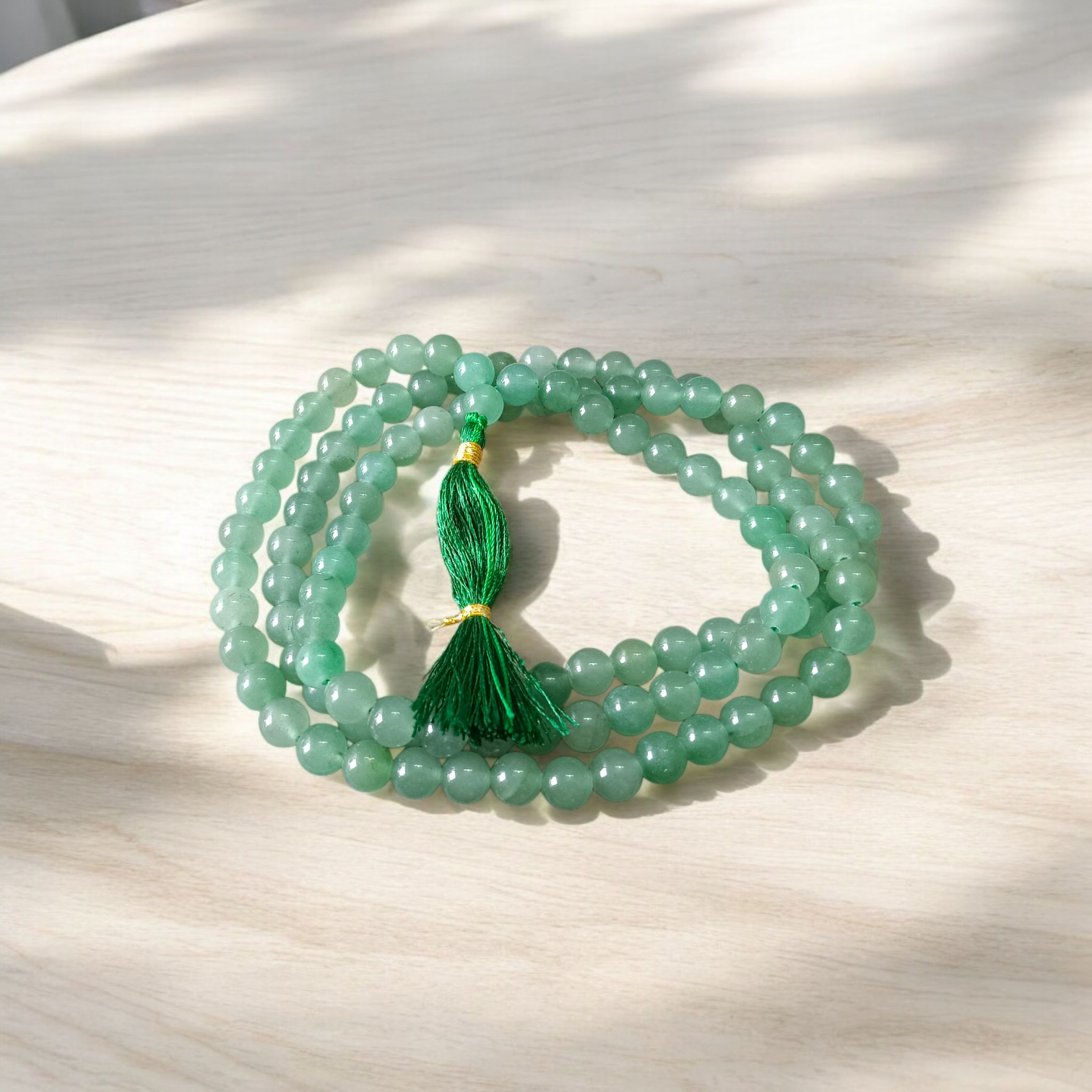 Natural Green Aventurine Margaj Mala with 108+1 beads (8mm) used for meditation, chanting, and healing – lab-certified and handcrafted by Timeshopee