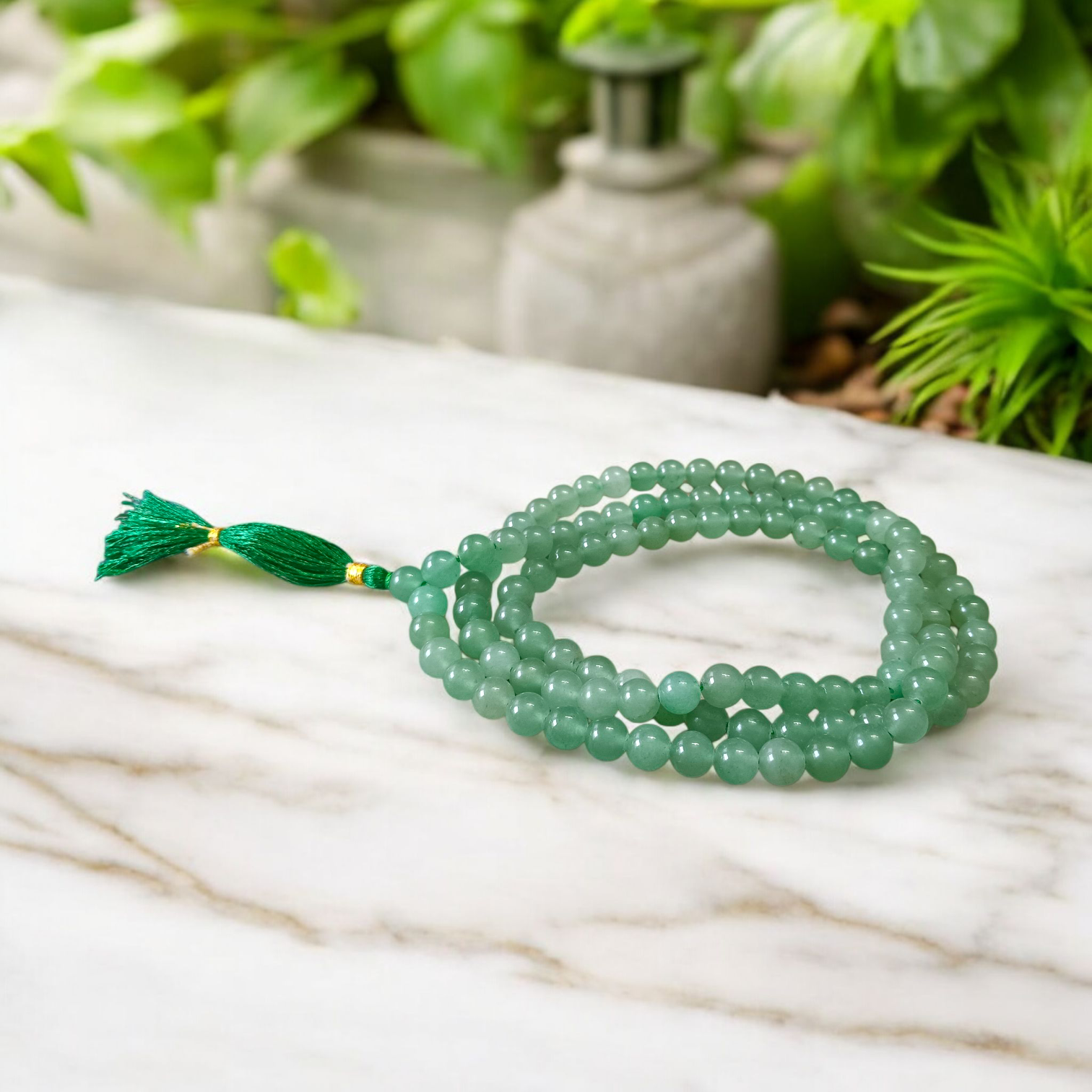 Natural Green Aventurine Margaj Mala with 108+1 beads (8mm) used for meditation, chanting, and healing – lab-certified and handcrafted by Timeshopee