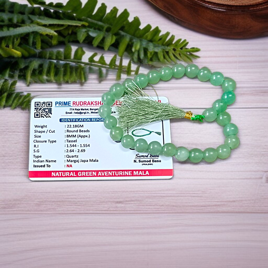 Natural Green Aventurine Margaj Mala with 108+1 beads (8mm) used for meditation, chanting, and healing – lab-certified and handcrafted by Timeshopee